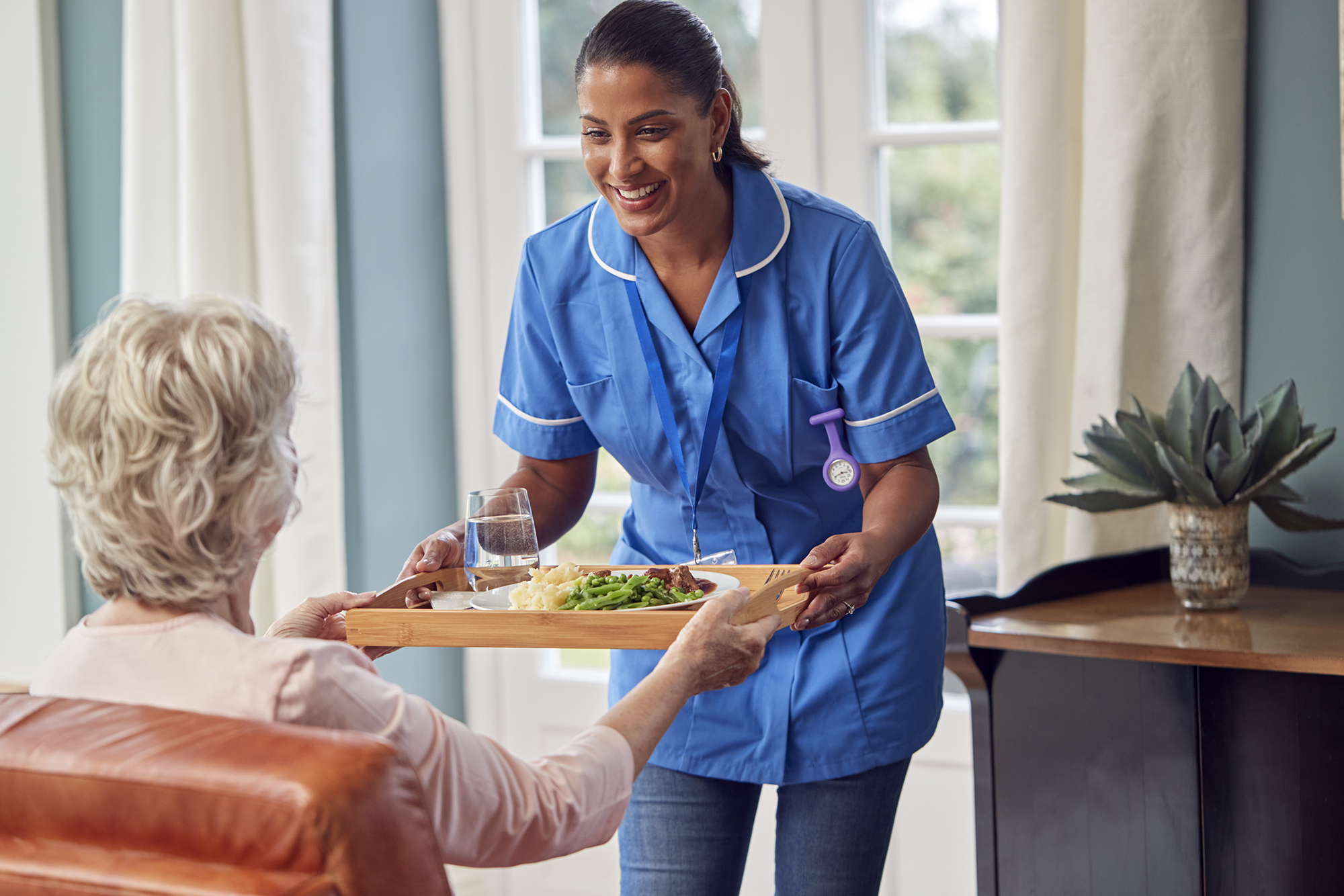 Female Care Worker In Uniform Bringing Meal On Tray To Senior Woman sitting in lounge at resolve care and companion services in Brandon florida